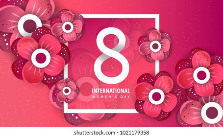 International women's day flyer. 8 number with green paper cut flowers vector illustration. Trendy Design Template. 