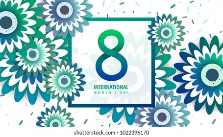 International women's day flyer. 8 number with green paper cut flowers vector illustration. Trendy Design Template. 