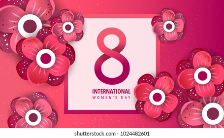 International women's day flyer. 8 number with green paper cut flowers vector illustration. Trendy Design Template. 