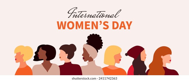 International Women's Day flyer. Banner for March 8 sale with floral decor and group of female character.  Flat vector illustration. 