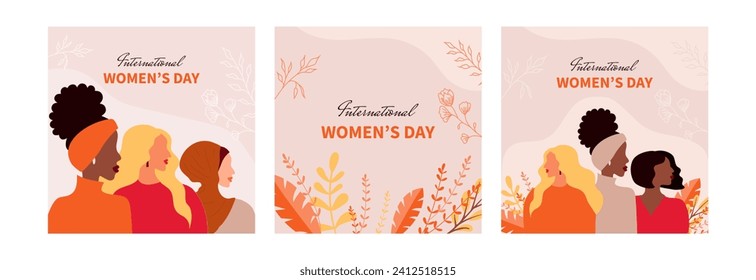 International Women's Day flyer. Banner for March 8 sale with floral decor and group of female character.  Flat vector illustration. 