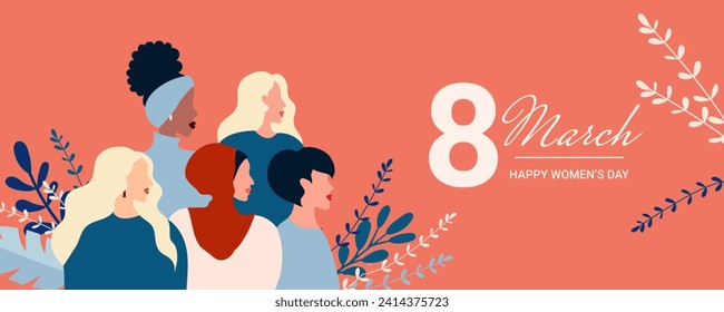 International Women's Day flyer. Banner for March 8 sale with floral decor and group of female character. Flat vector illustration