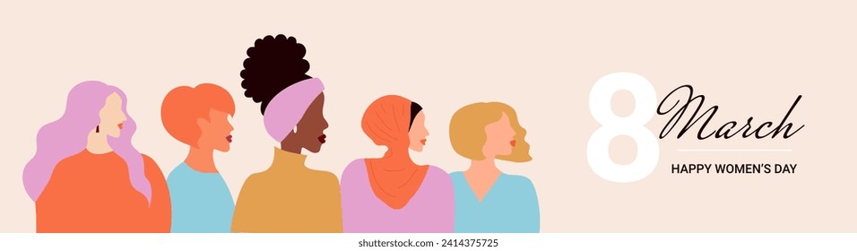 International Women's Day flyer. Banner for March 8 sale with floral decor and group of female character. Flat vector illustration