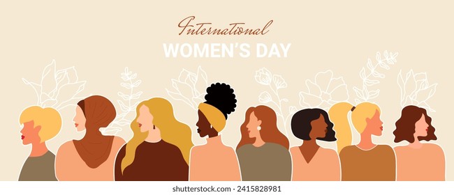 International Women's Day flyer. Banner for March 8 sale with floral decor and group of female character. Flat vector illustration