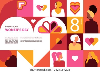 International Women's Day flyer. Banner for March 8 sale with floral decor and group of female character. Flat vector illustration.	