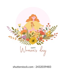 International Women's Day flyer. Banner for March 8 sale with floral decor and group of female character. Flat vector illustration.	
