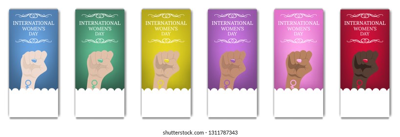 International Women's Day Flyer, Brochure. Women's March. Multinational Equality. Female hand with her fist raised up. Girl Power. Feminism concept. Vector illustration for Your Design.