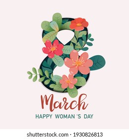 International Women's Day. Flyer for March 8 with the decor of flowers. Invitations with the number 8 in the style of cut paper with a pattern of spring tulip flowers