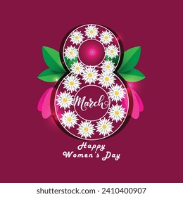 International Women's Day. Flyer for March 8 with flower decoration. Number 8 in cut paper style with spring plants, leaves and flower