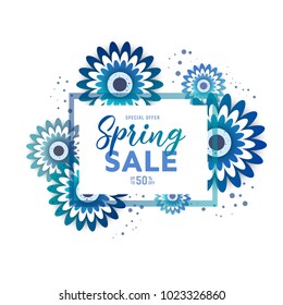 International women's day flyer. Spring sale text with blue paper cut flowers  vector illustration in frame. Trendy Design Template. 