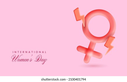 International Women's Day Font With 3D Blend Female Gender Symbol And Lightning Bolt On Pink Background.