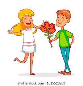 International Women's Day. Funny guy cartoon character gives a bouquet of tulips to his girlfriend. Usable for flyer, poster, invitation and other. Vector illustration on white background