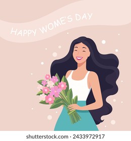 International women's day. Girl with a bouquet of flowers. Greeting card. Flat vector illustration