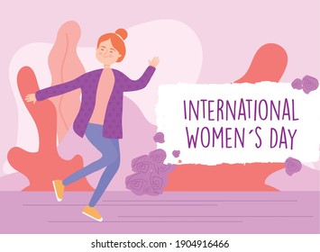 International Womens Day Girl Cartoon Running With Leaves Design Of Woman Empowerment Theme Vector Illustration