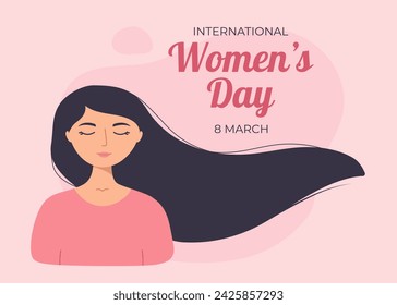 Día Internacional de la Mujer. Chica con pelo en desarrollo. Plantilla para tarjeta, póster, flyer, banner. Ilustración de vector