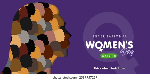 International Womens Day girl head silhouette and text Accelerate Action. Happy Women's Day March 8 with silhouette of girl's face and female symbol. Vector Illustration