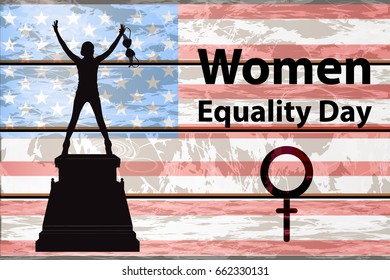 International Women's Day. The girl is silhouetted on a pedestal - a statue with the symbol of feminism, a bra in her hand. A mirror of an aphrodite. Against the background of the Amerikan flag. 