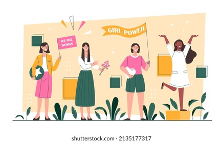 International womens day. Girls power and feminism and, girlfriends with flags and figures. Minimalist banner or poster. Graphic elements for site, greeting card. Cartoon flat vector illustration