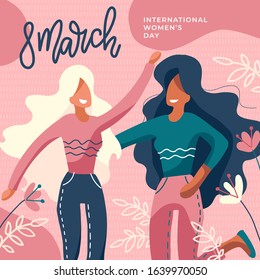 International Women's Day. Girls Together. Two Faceless Ladies Hugging. Girl Power, Feminism Poster with Lettering 8 March. Greeting flat hand drawn Card. Flat Vector Web Banner Template.