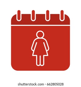 International Women's Day glyph color icon. Calendar page with woman. Silhouette symbol on white background. Menstrual period calendar. Negative space. Vector illustration