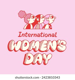 International Women's Day graffiti lettering cartoon girls profiles vector illustration. Red and pink colors.