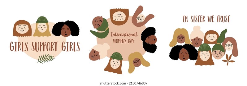 International womens day graphic elements isolated. Feminist phrases set. 8 march graphic illustrations with different woman faces in vector.