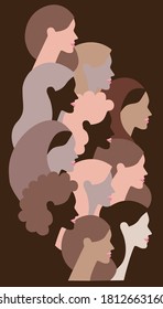 International Women's Day Graphic In Vector. Female Diverse Faces Of Different Ethnicity. Women Empowerment Movement Pattern. Struggle For Freedom, Independence, Equality. Suffrage.