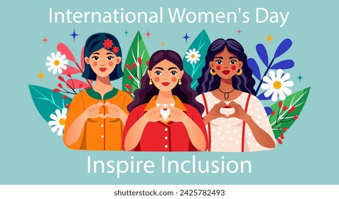 International Women's Day greeting background with slogan Inspire Inclusion.IWD 2024 banner with women of different nationalities. Gesture with hands in the shape of a heart. Vector illustration.