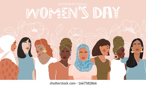 International Women's Day greeting banner. Abstract woman portrait different nationalities on floral linear background. Girl power, struggle for equality, feminism, sisterhood concept. Vector.