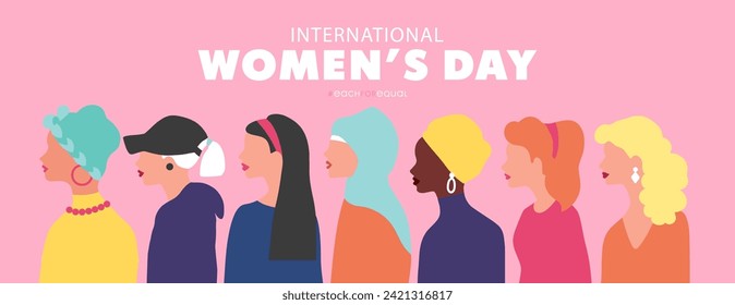 International Women's Day greeting banner. Women different nationalities. Girl power, struggle for equality, feminism, sisterhood concept. Modern festive vector illustration for 8 March celebration