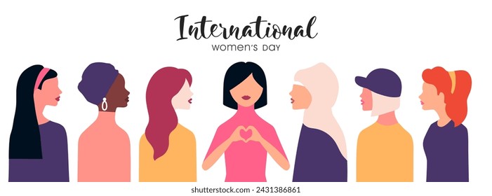 International Women's Day greeting banner. Women different nationalities. Girl power, struggle for equality, feminism, sisterhood concept. Modern festive vector illustration for 8 March celebration.