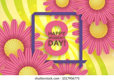 International Womens Day greeting card. 8 March template with daisy, bokeh and square frame. Comic sun rays background. Vector illustration