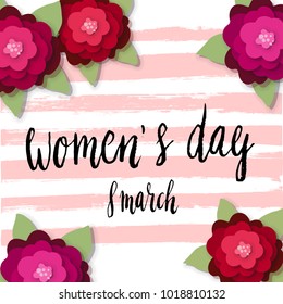 International Women's day greeting card with handwritten lettering paper craft flowers and dry brush stroke background.