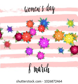 International Women's day greeting card with handwritten lettering paper craft flowers and dry brush stroke background.