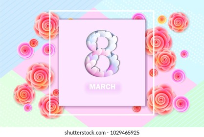 International women's day greeting card with pink square frame and flowers on colorful geometric background. Vector illustration. March 8.
