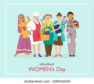 International women's day greeting card. Vector illustration of women of different races and professions.