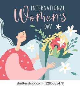 International Women's Day greeting card with cute woman and handwritten calligraphy text. Vector Illustration.