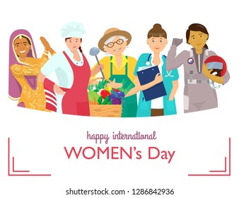 International women's day greeting card. Vector illustration of women of different races and professions.