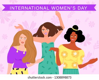 International Women's Day greeting card. Composition with happy girls and flowers. Vector illustration.