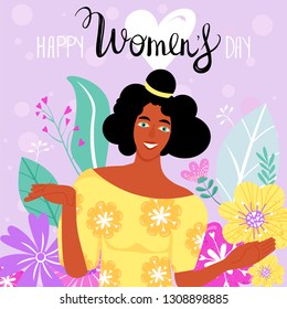 International Women's Day greeting card. Composition with happy afro-american girl. lettering and flowers. Vector illustration.