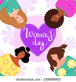 International Women's Day greeting card. Composition with happy international woman face, lettering and flowers. People cartoon character. Vector illustration.