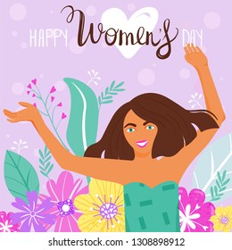 International Women's Day greeting card. Composition with happy girl, lettering and flowers. Vector illustration.