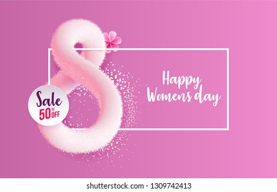 International women's day greeting card made in form of realistic pink fluffy tinsel.  8 March holiday background for sale and discount. Vector illustration