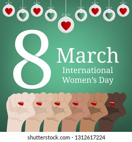 International Women's Day Greeting Card, Banner. Women's March. Multinational Equality. Female hand with her fist raised up. Girl Power. Feminism concept. Vector illustration for Your Design.