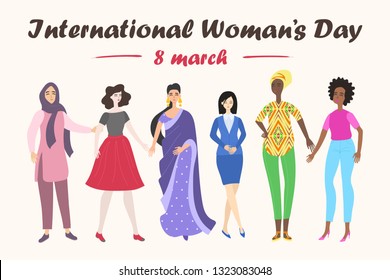 International Womens Day greeting card. Women of different nationalities and cultures. Vector flat cartoon illustration