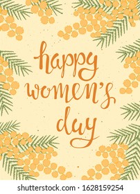 International Women's Day greeting card template with hand drawn lettering, mimosa branch with blooming flower in vintage style. Vector illustration for 8 March.