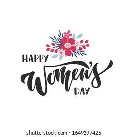 International Women's Day greeting card. Happy Woman's Day hand drawn vector brush lettering with flower. Celebration text for advertising, invitation, banner, poster, greeting card, flyer.