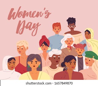 Tarjeta de felicitación del Día Internacional de la Mujer. Una multitud de mujeres juntas. Mujeres de moda de diferentes nacionalidades, edades. Hermandad, apoyo de amigos, concepto de feminismo. Ilustración del vector en estilo plano