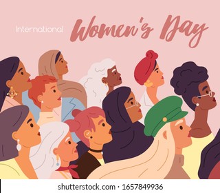 International Women's Day Greeting Card Or Flyer. Group Of Women Of Various Ages Looking Up. Crowd Of Female Characters Together. Sisterhood Concept. Vector Illustration In Flat Cartoon Style