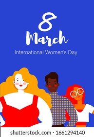 International Women's day greeting card or flyer. Women of different body types and skin color waving with joy.
Different girls in different clothes, flat vector style on yellow background. 